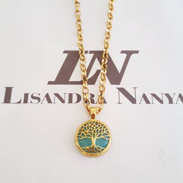 Colar Árvore da Vida Pedra Ágata Azul Banho Ouro Elo Português-130