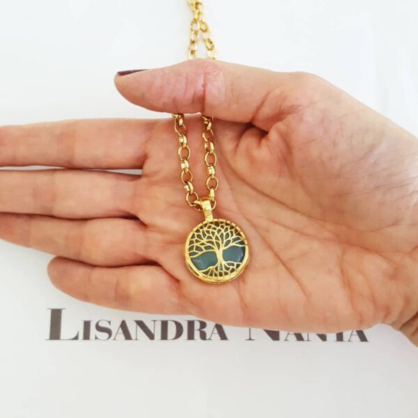 Colar Árvore da Vida Pedra Ágata Azul Banho Ouro Elo Português-130