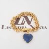 Pulseira Coração Pedra Mineral Quartzo Azul Banho Ouro Elo Português