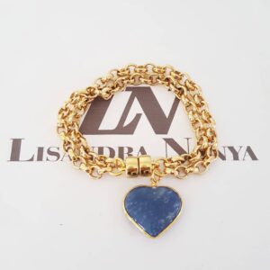 Pulseira Coração Pedra Mineral Quartzo Azul Banho Ouro Elo Português