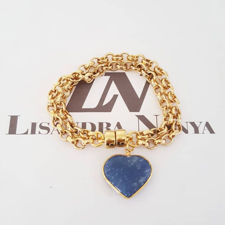 Pulseira Coração Pedra Mineral Quartzo Azul Banho Ouro Elo Português