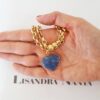 Pulseira Coração Pedra Mineral Quartzo Azul Banho Ouro Elo Português