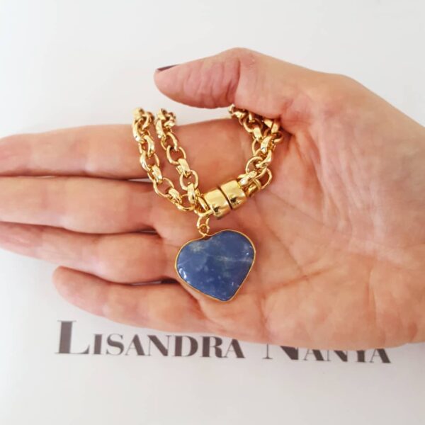 Pulseira Coração Pedra Mineral Quartzo Azul Banho Ouro Elo Português