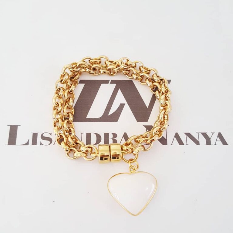 Pulseira Coração Pedra Mineral Quartzo Branco Banho Ouro Elo Português