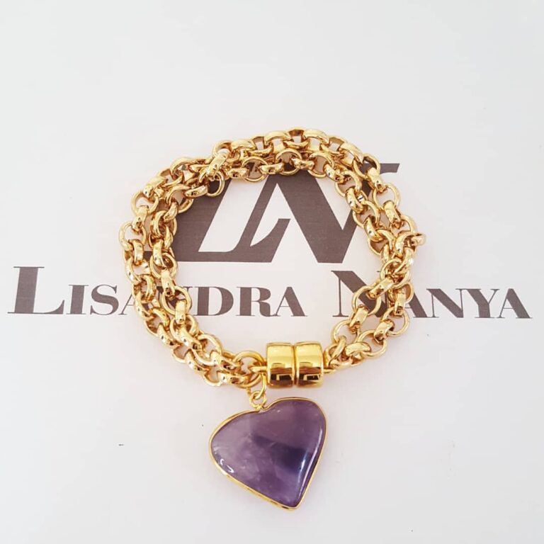 Pulseira Coração Pedra Mineral Ametista Lilás Banho Ouro Elo Português