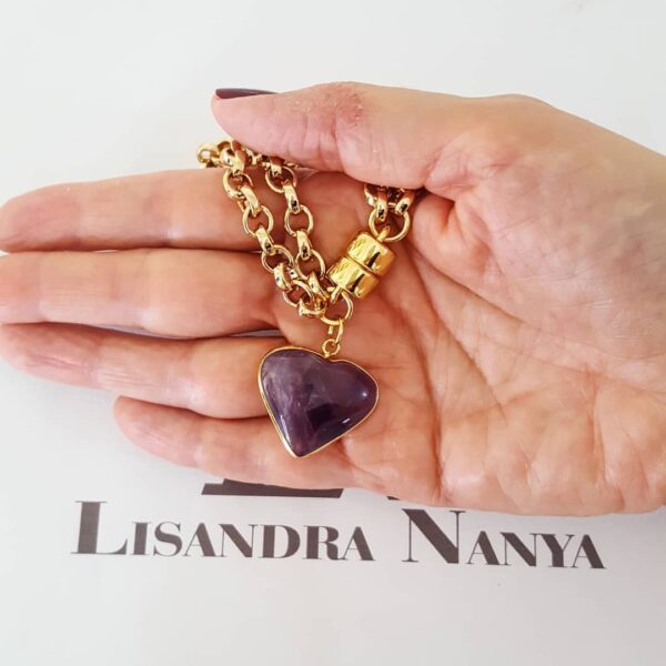 Pulseira Coração Pedra Mineral Ametista Lilás Banho Ouro Elo Português
