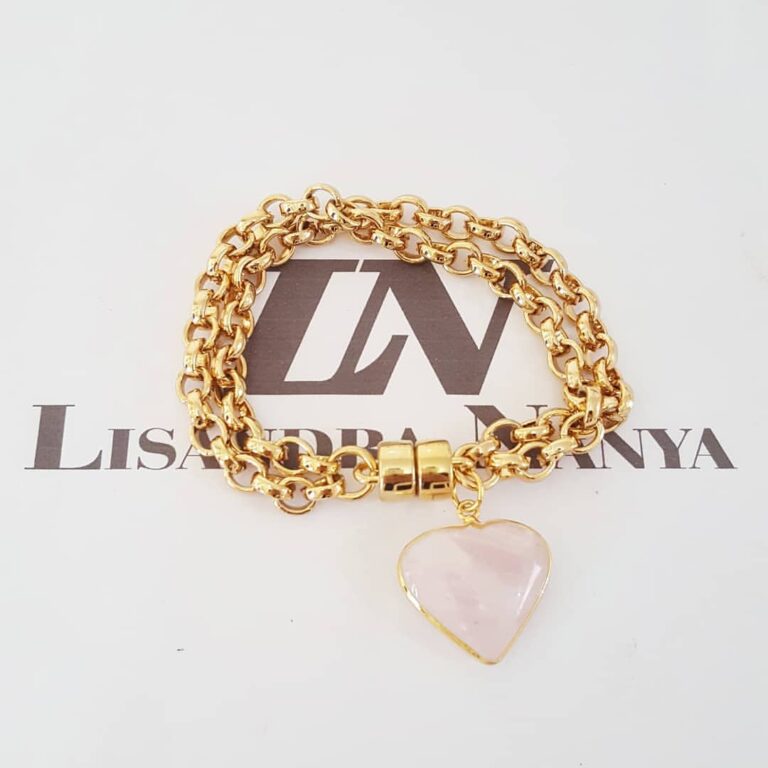 Pulseira Coração Pedra Mineral Quartzo Rosa Banho Ouro Elo Português