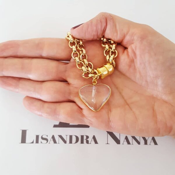 Pulseira Coração Pedra Mineral Quartzo Transparente Banho Ouro Elo Português