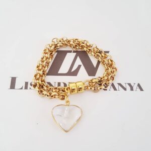 Pulseira Coração Pedra Mineral Quartzo Transparente Banho Ouro Elo Português