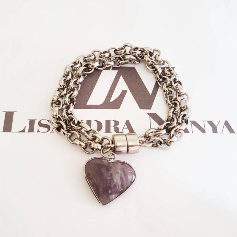 Pulseira Coração Pedra Mineral Ametista Lilás Banho Prateado Elo Português