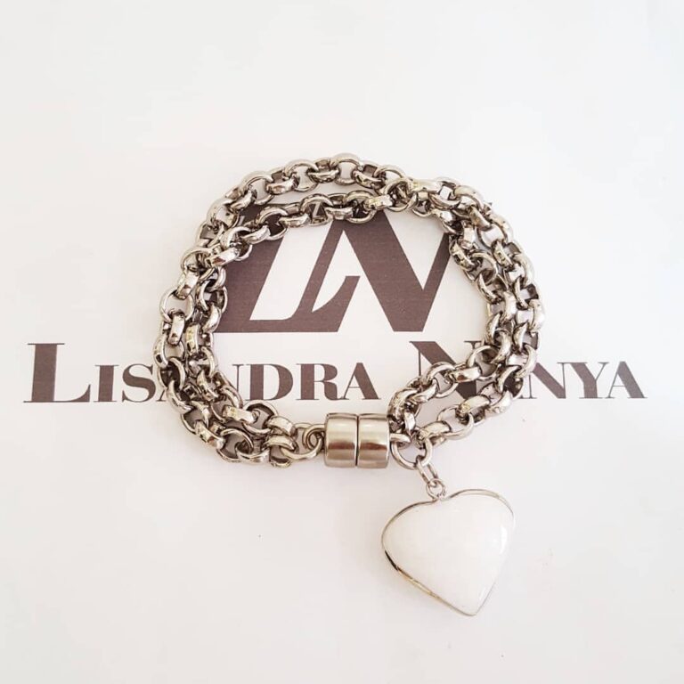 Pulseira Coração Pedra Mineral Quartzo Branco Banho Prateado Elo Português