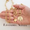 Conjunto 3 Colares Banho Ouro Elos Retangulares Coração Gratidão