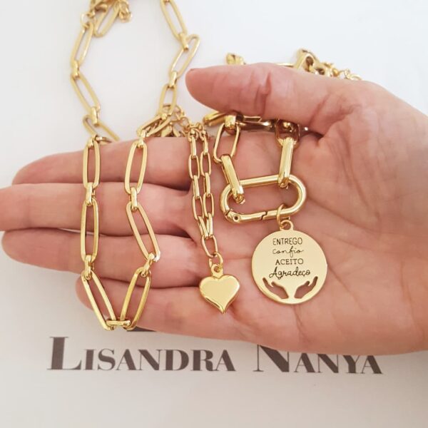Conjunto 3 Colares Banho Ouro Elos Retangulares Coração Gratidão