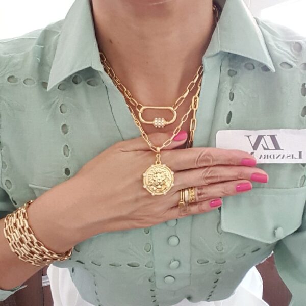 8691a Conjunto 3 Colares Combinados Banho Ouro Mosquete Pingente Leão