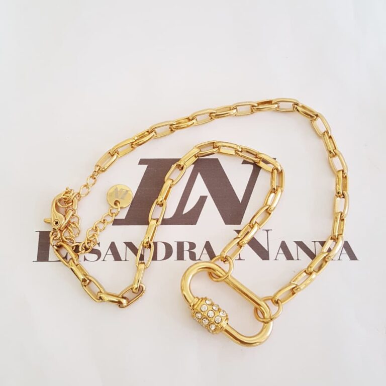 Colar Choker Mosquete p/ Pingentes Pedraria Banho Ouro Elo Retangular-129
