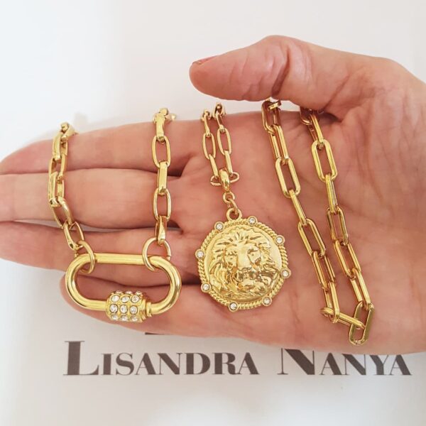8691f Conjunto 3 Colares Combinados Banho Ouro Mosquete Pingente Leão