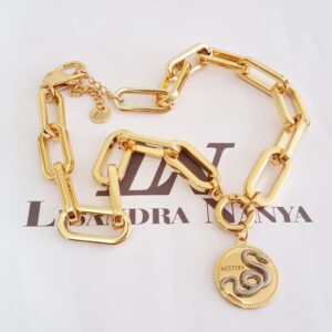 Colar Pingente Mistério Medalha Cobra Removível Banho Ouro Elo Retangular Gigante