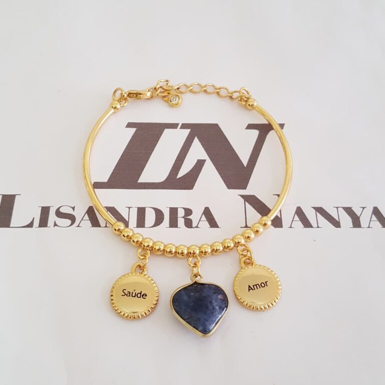 Pulseira Rígida Aberta Pedra Mineral Azul Banho Ouro Pingente Redondo Escrito