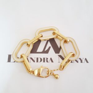 Pulseira Elo Retangular Gigante Banho Ouro Detalhe em Branco