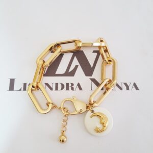 Pulseira Pingente Branco Lua Relevo Banho Ouro Elo Retangular Grande