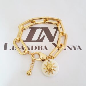 Pulseira Pingente Branco Sol Relevo Banho Ouro Elo Retangular Grande 
