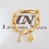 Pulseira Pingente Branco Trevo Relevo Banho Ouro Elo Retangular Grande 