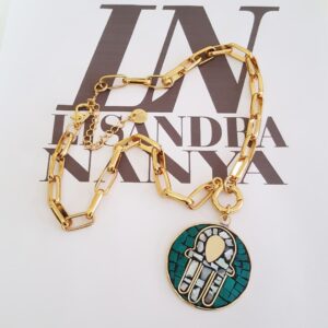 Colar Pingente Tibetano Hamsa Elo Retangular-24 Corrente Aço Banho Ouro