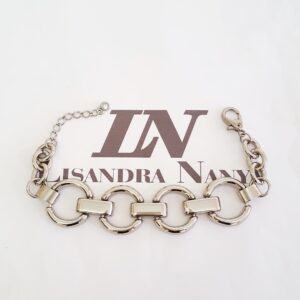 8703b Pulseira Elo Redondo Grande Intercalado Grosso Banho Prateado