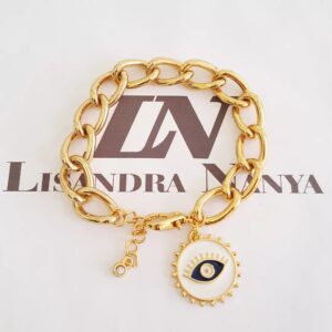 Pulseira Pingente Olho Grego Branco Banho Ouro Elo Grumet-317