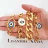 Conjunto 4 Pulseiras Elos Largos Banho Ouro Olho Grego Fecho Mosquete