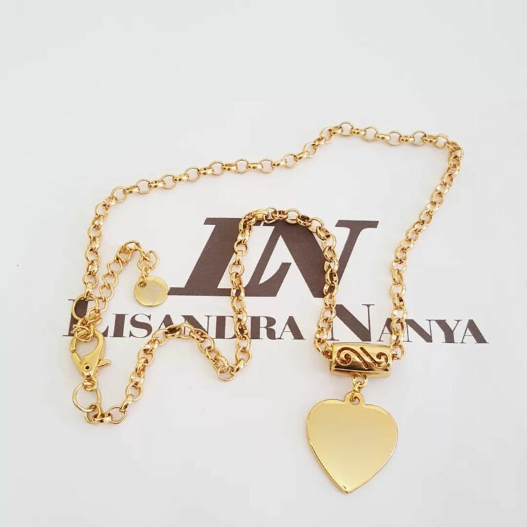 Colar Médio Dourado Corrente Aço Banho Ouro Elo Português-130 Pingente Coração Plano 45cm