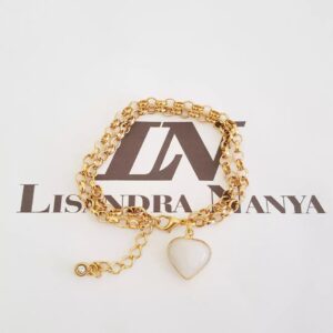 Pulseira Dourada Corrente Aço Banho Ouro Elo Português-130 Pingente Coração Quartzo Branco 18cm