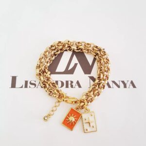 Pulseira Dourada Corrente Aço Banho Ouro Elo Português-106 Pingente Plaquinha Sol e Estrela 18cm