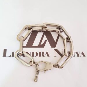 Pulseira Prateada Corrente Metal c/ Banho Elo Retangular Gigante Fecho Mosquete 18cm