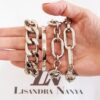 Conjunto 4 Pulseiras Prateadas Corrente Metal c/ Banho Elos Gigantes Fecho Mosquete 18cm