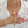 Conjunto Dourado 4 Colares Fashionistas Corrente Aço Banho Ouro Pingentes Coração Fecho Mosquete