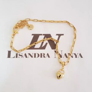 Colar Choker Dourado Corrente Aço Banho Ouro Elo Retangular-412 Pingente Coração Mini Fecho Mosquete 32cm