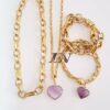 8727b Conjunto Dourado Corrente Aço Banho Ouro Pingente Ametista 2 Colares + 2 Pulseiras Fecho Ímã