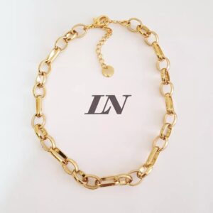 Colar Choker Dourado Corrente Aço Banho Ouro c/ Verniz Elo Intercalado-145 Fecho Mosquete 40cm