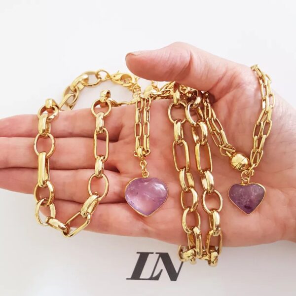 8727g Conjunto Dourado Corrente Aço Banho Ouro Pingente Ametista 2 Colares + 2 Pulseiras Fecho Ímã