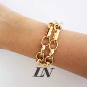 Pulseira Dourada 2 Voltas Corrente Aço Banho Ouro c/ Verniz Elo Intercalado-145 Fecho Ímã 18cm