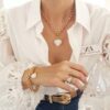 Conjunto Pulseira e Colar Pingente Coração Quartzo Branco Banho Ouro Elo Português