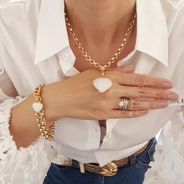 Conjunto Pulseira e Colar Pingente Coração Quartzo Branco Banho Ouro Elo Português