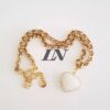 Conjunto Pulseira e Colar Pingente Coração Quartzo Branco Banho Ouro Elo Português