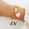 Conjunto Pulseira e Colar Pingente Coração Quartzo Branco Banho Ouro Elo Português