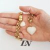Conjunto Pulseira e Colar Pingente Coração Quartzo Branco Banho Ouro Elo Português