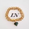 Conjunto Dourado Pulseira e Colar Corrente Aço Banho Ouro Elo Português-106 Pingente Pedra Mineral Quartzo Verde Coração