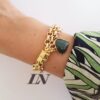 Conjunto Dourado Pulseira e Colar Corrente Aço Banho Ouro Elo Português-106 Pingente Pedra Mineral Quartzo Verde Coração