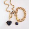 Conjunto Dourado Pulseira e Colar Corrente Aço Banho Ouro Elo Português-106 Pingente Pedra Mineral Sodalita Coração