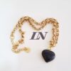 Conjunto Dourado Pulseira e Colar Corrente Aço Banho Ouro Elo Português-106 Pingente Pedra Mineral Sodalita Coração